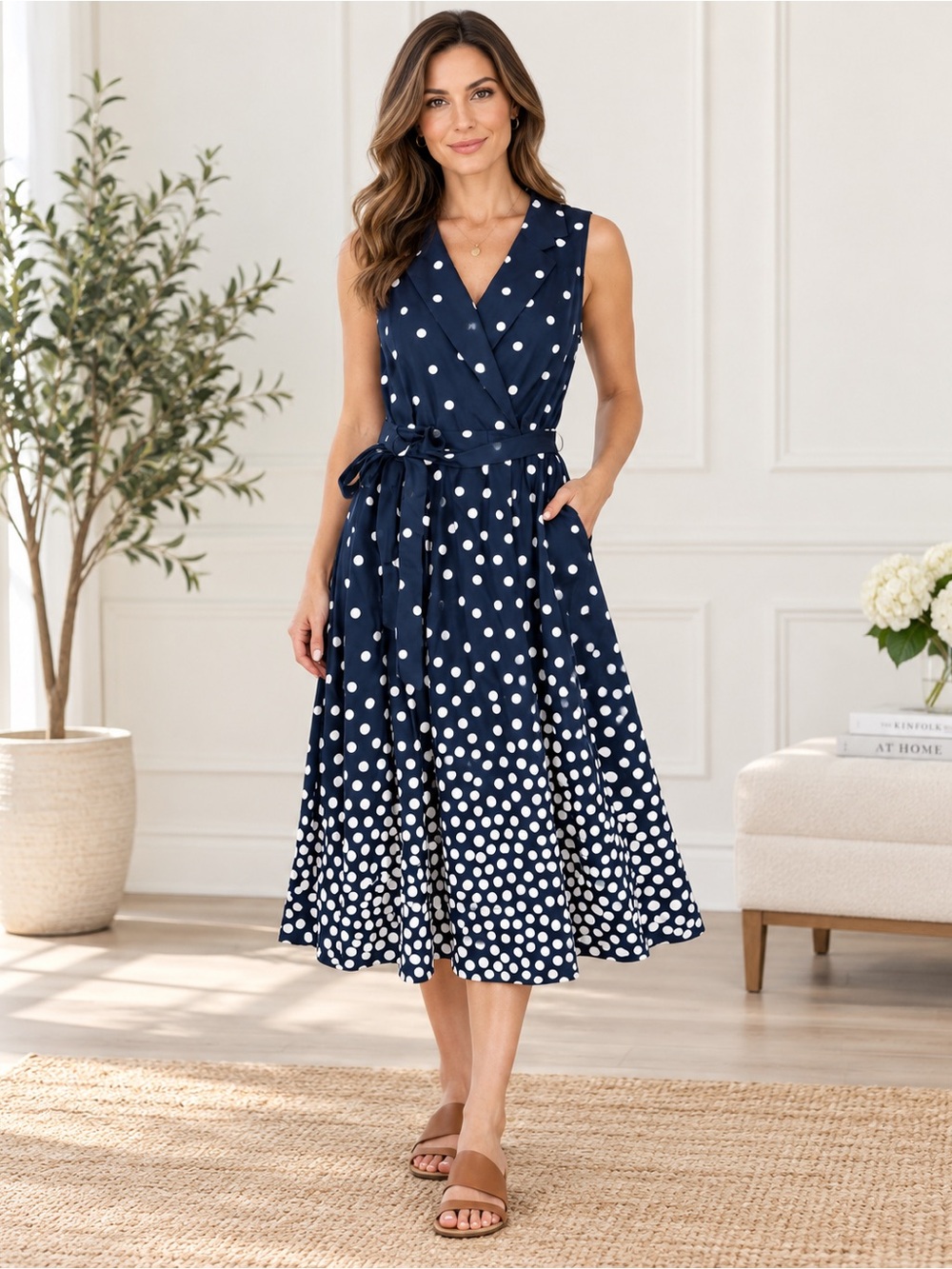 Anne Klein NWT Polka Dot Belted Midi Dress Navy White Size 14